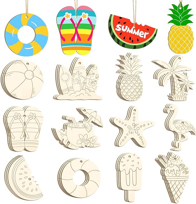 36PCS Wooden Summer Ornaments to Paint, 12 Styles DIY Blank Unfinished Wood Beach Cutouts Ornament for Crafts Hanging Decorations, Watermelon Surfboard Slippers Coconut Tree Home Decorations Gifts