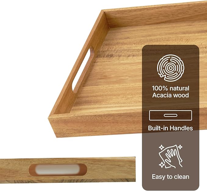 Koppen Acacia Wood Serving Tray with Handles, 17" x 13.86", Large Wooden Platter for Breakfast, Ottoman Tray for Party, Snacks, Fruit, Coffee Table, Living Room, Sofa, Bed, Outdoor