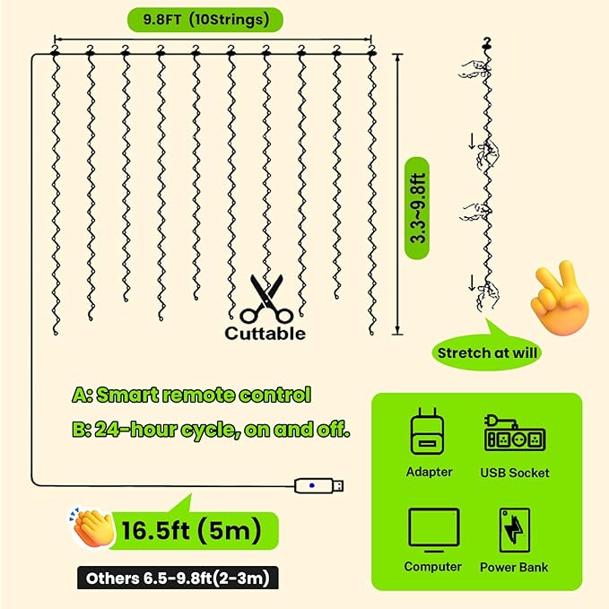 HXWEIYE 300LED Green Fairy Curtain Hanging Lights with Remote 8 Modes Timer for Bedroom, 9.8x9.8Ft USB Plug in Christmas Fairy String Lights for Outdoor, Weddings, Party, Garden, Wall, Decorations