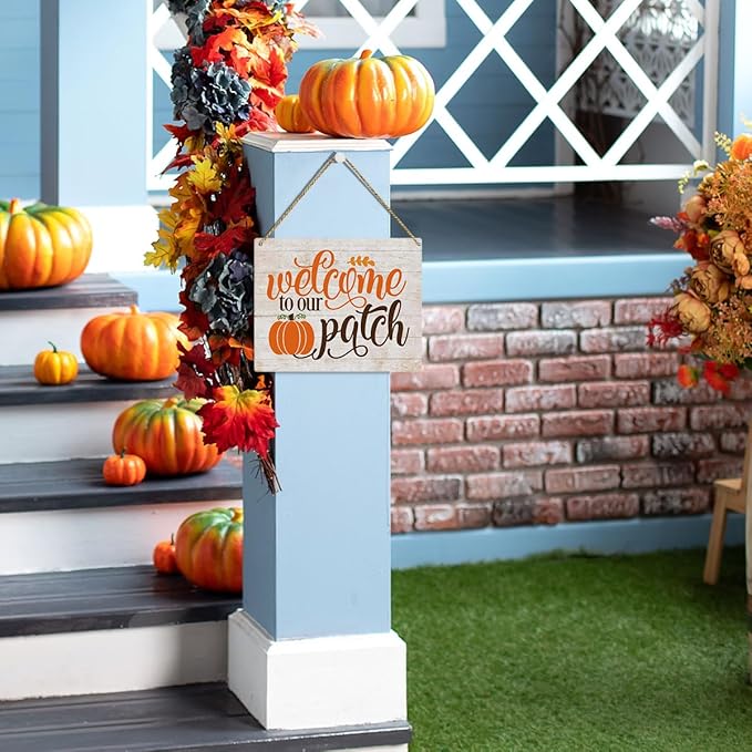 MIGUMUTU Rustic Farmhouse Fall Signs Door Wall Hanging Decor, Fall Room Home Decor, Pumpkin Decor Decoration for Home, Fall Decoration for Home, Welcome To Our Patch Sign 12 X 12 Inch