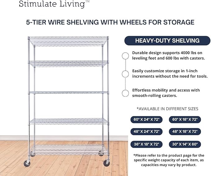 48"x24"x72" Prime Heavy Duty Chrome 5-Tier Steel Wire Shelving NSF 4000 LBS MAX Capacity Storage Rack for Commercial, School, Home, Garage, Warehouse, Industrial, and Hospital Uses (with Wheels)