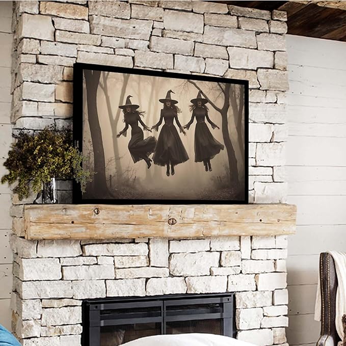 JFHCQJPK Three ghost witches flying in vintage forest gothic wall art witchcraft decoration holiday gift canvas wall art print8x12in Metal blackFramed