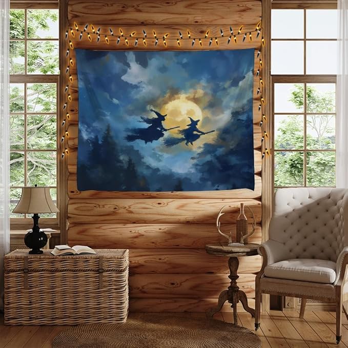 Spooky Halloween Witch Tapestry Wall Hanging Dark Fantasy Night Sky Aesthetic Print Flying Witches Under Full Moon Tapestries Horror Ghost Halloween Party Decor for Living Room Bedroom 50x60inch