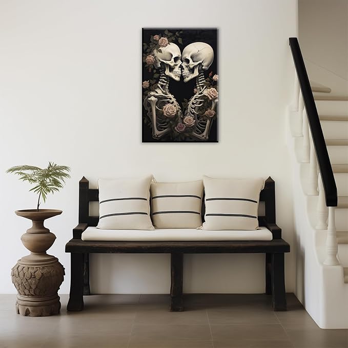 OAAPITI Vintage Skeleton Canvas Wall Art Gothic Painting Artwork Retro Rose Skull Art Poster Abstract Romantic Theme Picture Halloween Living Room Decor(Artwork-4,12"x18")