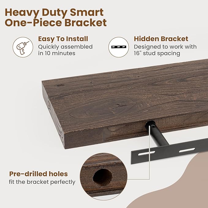 Floating Shelves for Wall Decor, 8 Inch Deep Rustic Solid Elm Wood Floating Shelves Wall Mounted, Wall Shelves with Invisible Bracket for Living Room Bathroom Bedroom Kitchen, 36 Inch Set of 2, Walnut