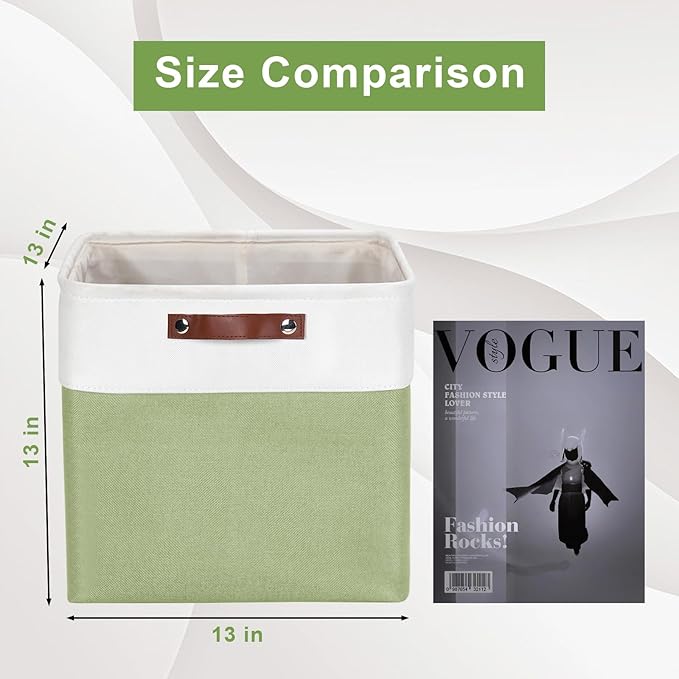 13x13 Cube Storage Bins, Collapsible Fabric Storage Box, 4 Pack Closet Baskets with Handles for Organizing, Shelf, Toys, Clothes, Home, Office, Nursery (Green&White)