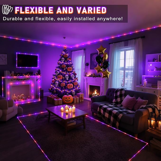 Purple Orange Halloween Lights, 66FT 200 LED Rope Lights for Outside Waterproof with 8 Modes, Connectable Tube String Lights for Indoor, Garden, Backyard, Patio, Deck, Pool, Tree Decorations