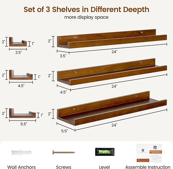 Picture Ledge Wall Shelves 24 inches Width Set of 3, Solid Pine Wood Rustic Floating Ledge Shelves for Wall for Kids' Room Bedroom Kitchen Bathroom Living Room Nursery Display Wall Decor, Walnut