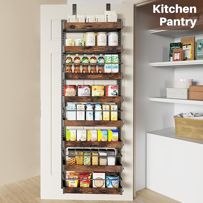 8 Tier Over The Door Pantry Organizer, 2 IN 1 Wall Mount or Metal Hanging Spice Rack for Pantry Organizers and Storage, Seasoning Shelves，Adjustable Basket with Hooks for Kitchen, Bathroom,Laundry