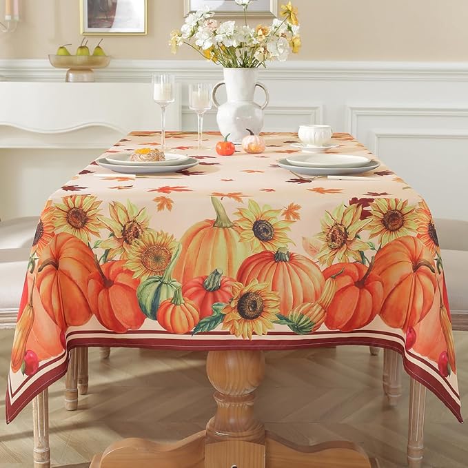 SASTYBALE Fall Tablecloths for Rectangle Tables 52 x 70 Inch Pumpkin Table Cloths with Sunflower & Maple Leaves Washable Spillproof Durable Polyester Table Cover for Thanksgiving, Harvest, Holiday