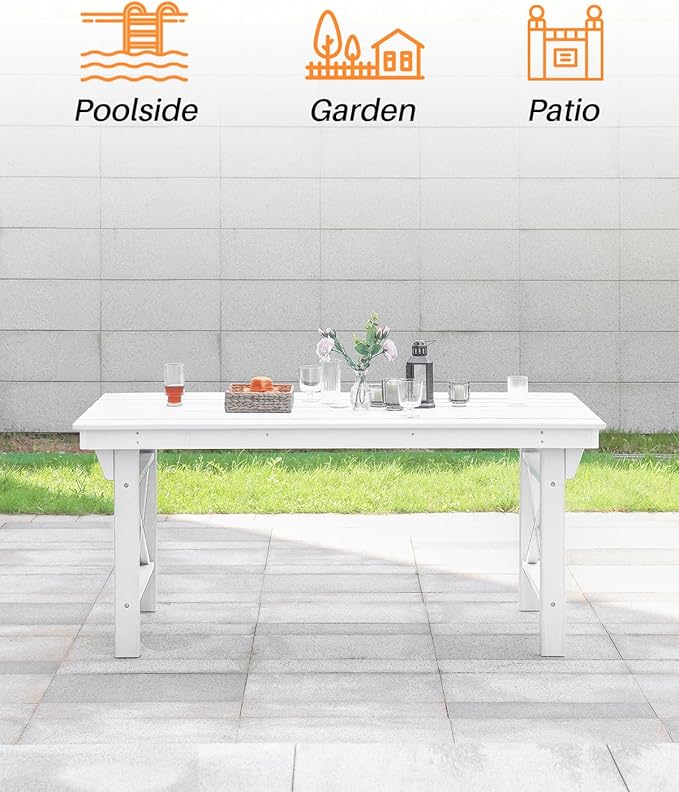 HDPE Outdoor Dining Table, 66.9” Rectangle Patio Dining Table for 6, All-Weather HDPE Outdoor Table with 2.2” Umbrella Hole, HDPE Patio Furniture for Deck, Backyard, Garden, Pool, Pearl