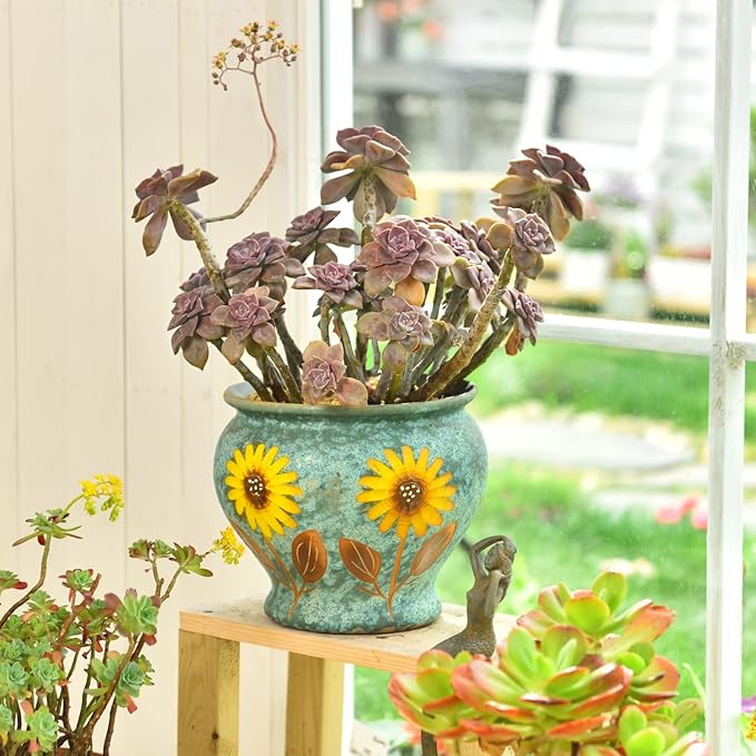 Sungmor Ceramic Hand Painted Succulent Flower Pots, 9 Inch Large Pottery Pots for Indoor Outdoor Plants, Decorative Ceramic Vase for Flower Arrangement Home Decor, Vintage Centerpieces Flowerpot