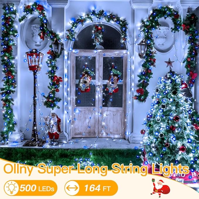 Ollny Christmas Lights, 500LED 164FT Long Christmas Tree Lights with 8 Modes Remote Timer IP44 Waterproof, Outdoor Christmas Lights for Tree House Yard Outside Xmas Decorations (Blue+White)