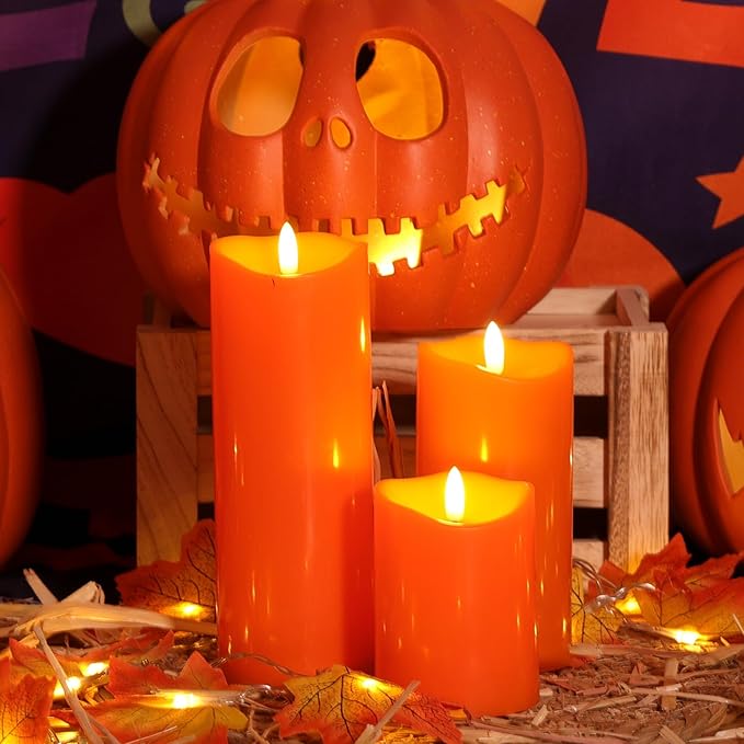 NURADA Outdoor Flameless Candles with Remote Timer - Waterproof Realistic Flickering LED Pillar Electric Battery Operated Fake Candle for Halloween Home Fireplace Decor - 3 Pack Orange (D3”H4”6”8”)