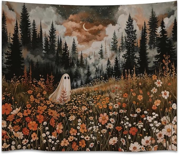 Spooky Fall Forest Art Halloween Tapestry Wall Hanging Cute and Funny Forest Flower Ghost Tapestry for Bedroom Whimsical Dark Academia Aesthetic Tapestries for Home Living Room Decor 50x60inch