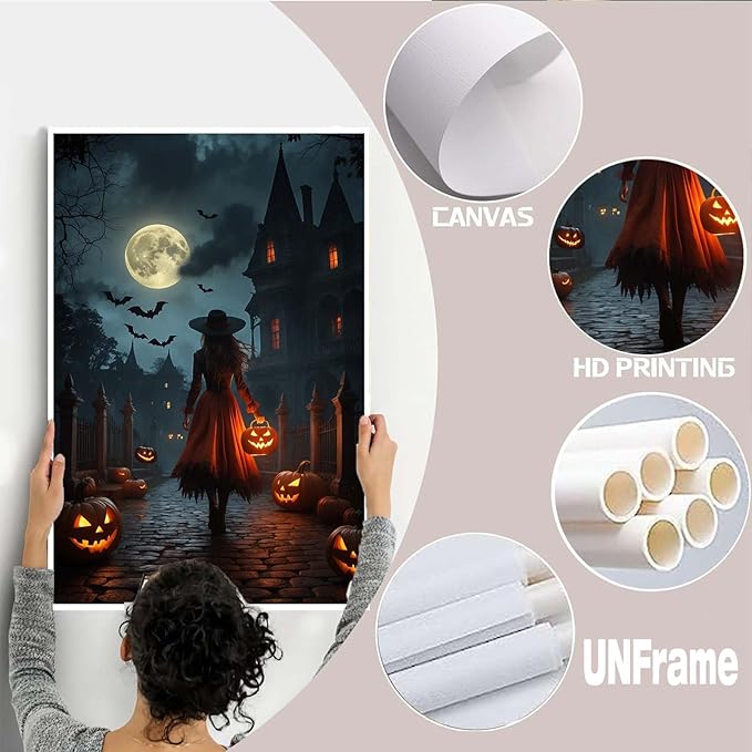 JFHCQJPK Halloween theme poster moonlit autumn night witch vintage poster art print dark college style gothic painting canvas wall decoration bedroom living room ideal gift20x30in Frameless