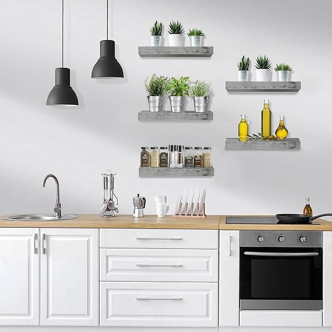 Sorbus Floating Shelves for Wall, Bathroom Shelves Wall Mounted for Kitchen, Bedroom, Living Room, Bathroom Storage, Over Toilet, Hanging Book Shelf for Ｗall Home Decor (Gray, 5 Pack)