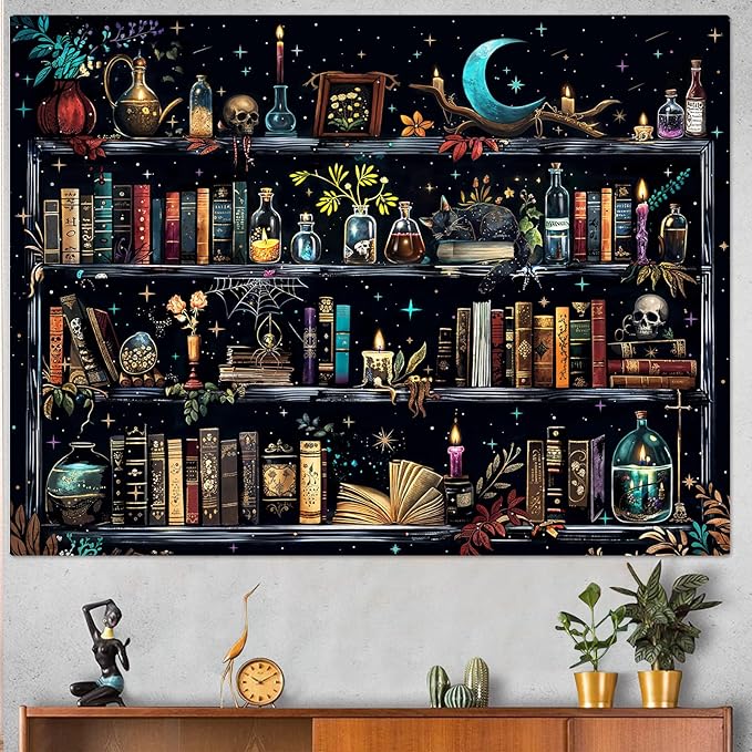 Accnicc Magic Bookshelf Tapestry Magical Witchy Potion Dark Hippie Haloween Tapestries Wall Hanging Gothic Skull Black Cat Library Book Small Tapestry for Bedroom Living Room Dorm 60 x 44 inch
