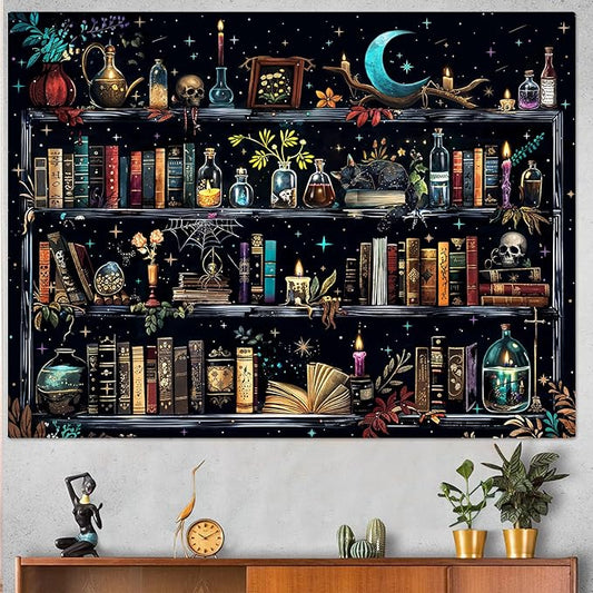 Accnicc Magic Bookshelf Tapestry Magical Witchy Potion Dark Hippie Haloween Tapestries Wall Hanging Gothic Skull Black Cat Library Book Small Tapestry for Bedroom Living Room Dorm 60 x 44 inch
