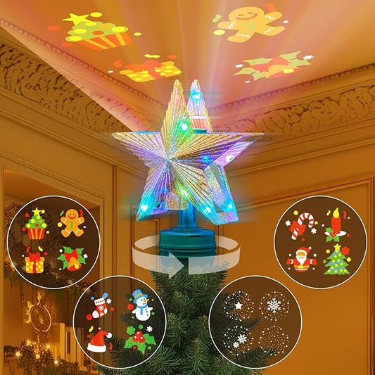 Christmas Star Tree Topper with 4 Projection Modes, Rotating 7 Color Gradient Tree Topper with Built-in LED Rotating Lights, Tree Top with Golden Spangles Plated Plug in for Christmas Decorations