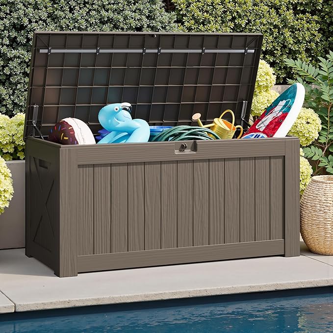 JUMMICO 120 Gallon Resin Deck Box, Large Outdoor Storage Box Waterproof & Lockable for Garden, Patio, Pools (Brown)