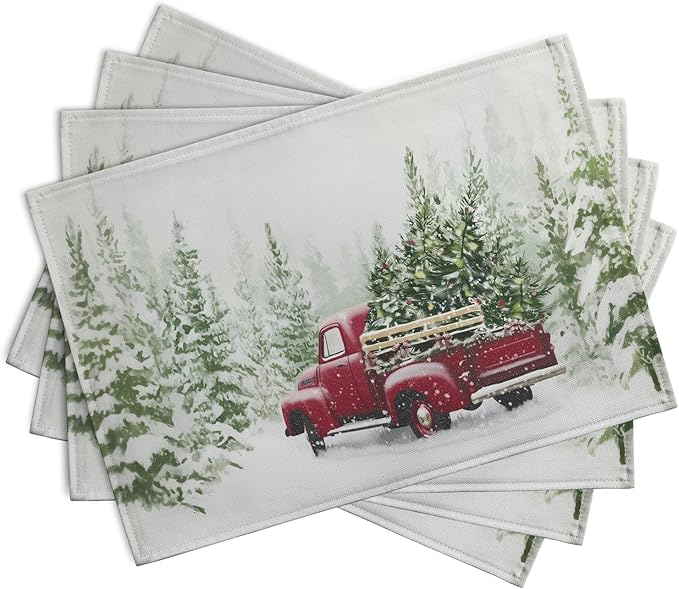 Red Truck Christmas Placemats Set of 4, 12x18 Inch Green Pine Tree Snow Xmas Table Mats Seasonal Rustic Farmhouse Linen Fabric Place Mats for Winter Holiday Party Kitchen Dining Decor