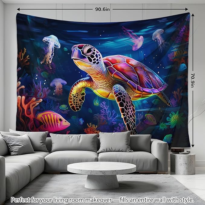 QGHOT Turtle Tapestry, Blacklight Ocean Tapestry Wall Hanging Undersea Black Light Poster for Kids Glow in the Dark for Kids Bedroom Children Toddler Room Decor 90x70in