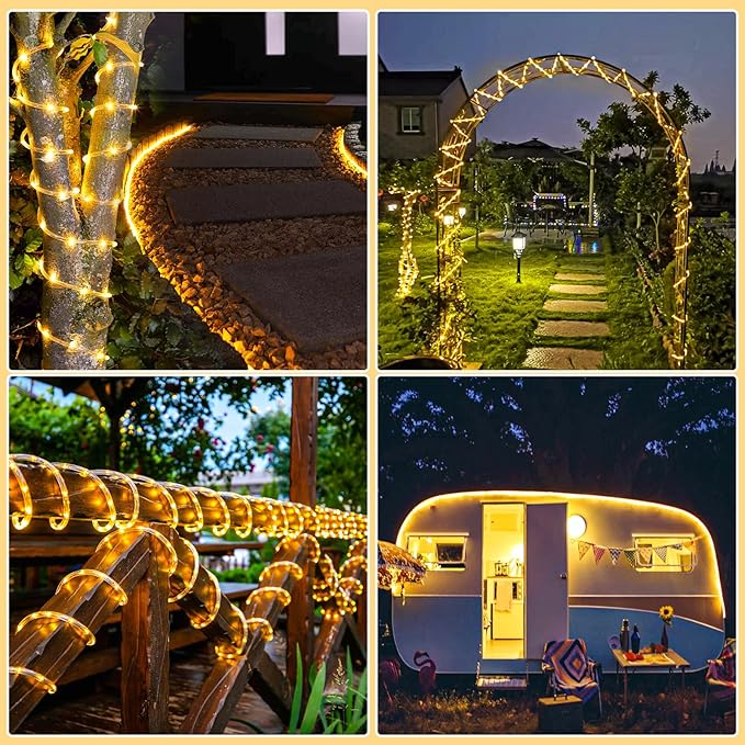 Rope Lights for Outside, 66FT 200 LED Christmas Lights Outdoor with 8 Modes Waterproof, Connectable Warm White String Lights for Indoor, Bedroom, Tree, Garden, Backyard, Patio, Pool Decorations