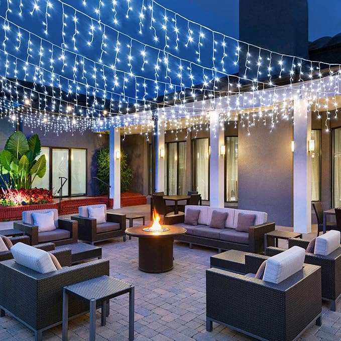 White Christmas Lights Outdoor - 33ft 400 LED Icicle Lights for Outside House, Twinkle Outside Lights Plug in 8 Modes Timer Waterproof for Patio Window Holiday Wedding Party Pathway Indoor Decorations
