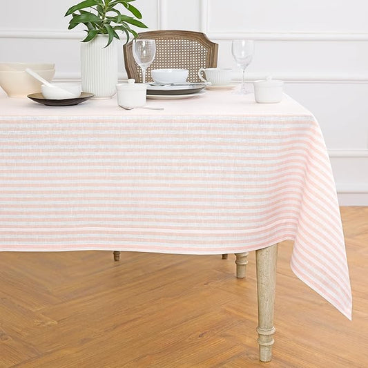 Solino Home Linen Striped Tablecloth 60 x 120 Inch - 100% Pure Linen Coral and White Table Cloth for Rectangle Tables - Amalfi Stripe, Machine Washable Tablecloth