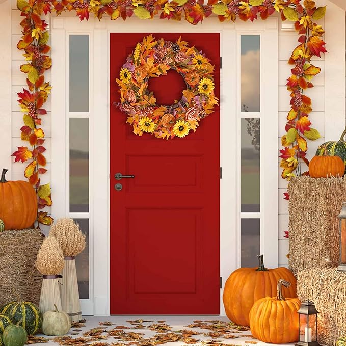 GENMOUS 24Inch Fall Wreaths for Front Door, Autumn Velvet Pumpkin Wreath Autumn Maple Leaves Porch Decor, Farmhouse Wreaths Home Wall Outdoor Indoor Thanksgiving Halloween Harvest Festival Fall Decor