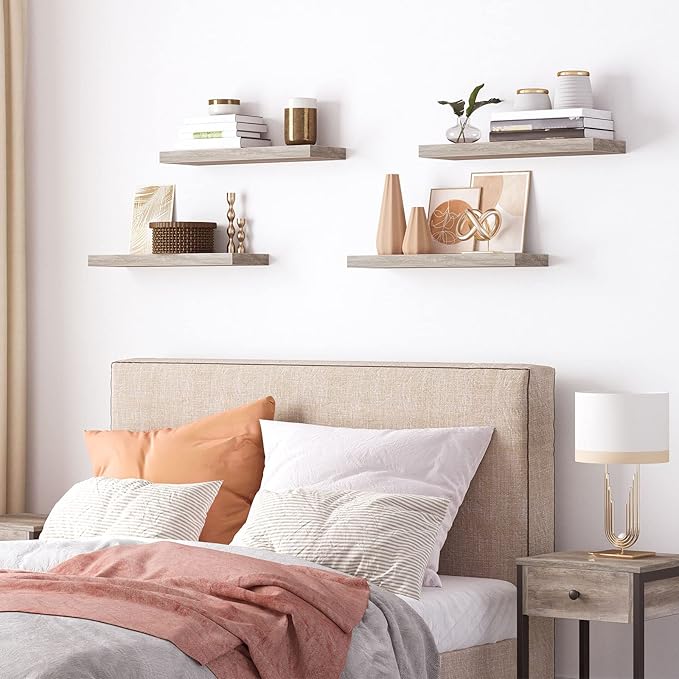 HOOBRO Floating Shelves, Wall Shelf Set of 2, 23.6 Inch Hanging Shelf with Invisible Brackets, for Wall Decor in Bathroom, Bedroom, Toilet, Kitchen, Living Room, Office, Greige BG60BJ01G1