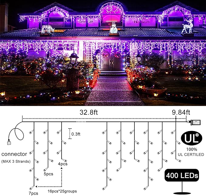 400 LED Purple Halloween Lights Outdoor, 33ft Icicle Lights for Outside with 75 Drops, Waterproof Christmas Icicle Light Plug in for Indoor Outside Party Holiday Christmas Halloween Decorations
