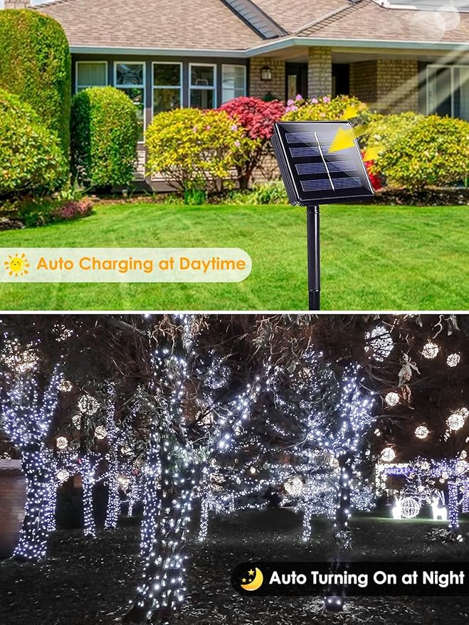 Cool White Solar Christmas Lights Outdoor Decorations Waterproof, Tatal 2 Pack 200LED 66FT Solar String Lights Green Wire with 8 Modes, Christmas Fairy Light for Xmas Tree Party Wedding Garden Decor