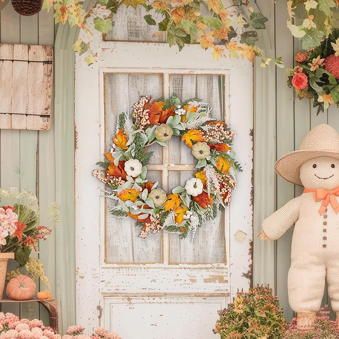 GENMOUS 24inch Fall Wreaths for Front Door, Maple Leaves Autumn Wreath Eucalyptus Berries Pumpkins Lamb Ears Leaves, Porch Wall, Home Outdoor Indoor Thanksgiving Halloween Harvest Holiday Fall Decor