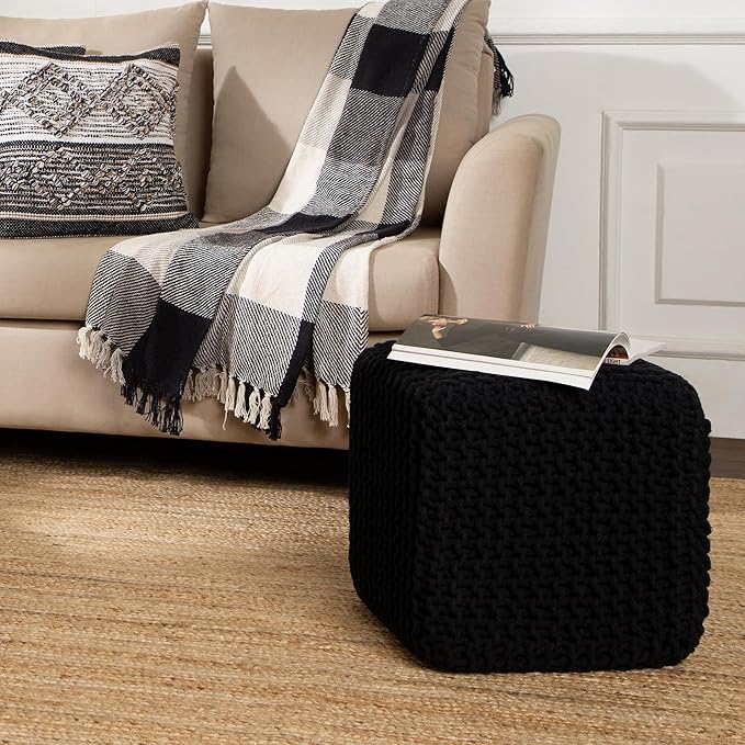 REDEARTH Cube Pouf Foot Stool Ottoman - Hand Knitted Poof - Cord Boho Pouffe - Home Décor - Stuffed Footrest for Living Room - Bedroom - Covered Patio (16" x 16" x 16") - Black
