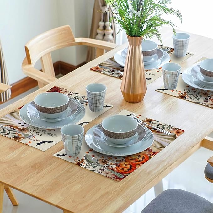 Halloween Placemats Set of 4 Vintage Wildflower Pumpkin Ghost Bat Place Mats 12x18 Inch Rustic Retro Spooky Washable Table Mats for Party Kitchen Dining Decoration