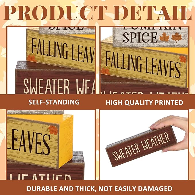 4 Pcs Fall Pumpkin Decor Fall Table Decoration Thanksgiving Tiered Tray Decor Thanksgiving Centerpiece Rustic Decorative Pumpkin Block Sign Gift Farmhouse Autumn Table Sign for Home Kitche