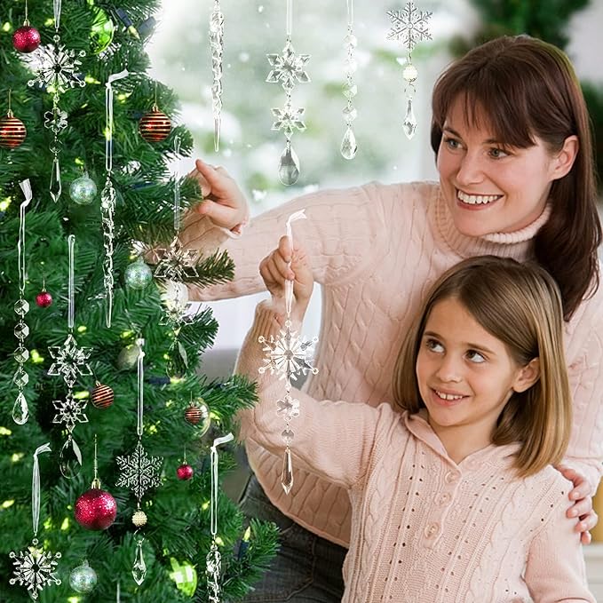 18pcs Christmas Tree Decoration Crystal Ornaments - Hanging Acrylic Christmas Snowflake Icicle Drop Crystal Ornaments for Xmas Tree Winter New Year Party Supplies