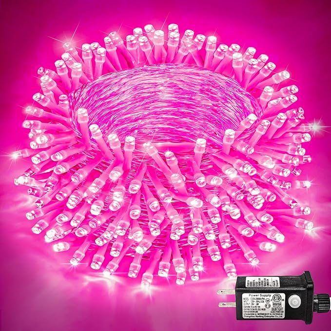 400 LED Pink String Lights Outdoor, 132ft Pink Christmas Lights 8 Modes Clear Wire, Plug in Waterproof Fairy String Lights for Bedroom Christmas Decorations