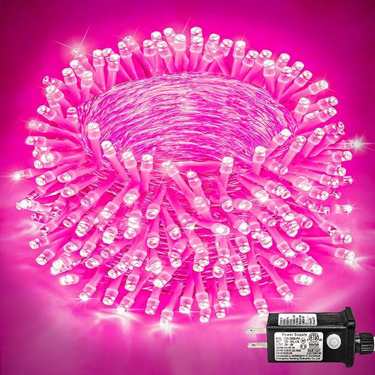 400 LED Pink String Lights Outdoor, 132ft Pink Christmas Lights 8 Modes Clear Wire, Plug in Waterproof Fairy String Lights for Bedroom Christmas Decorations