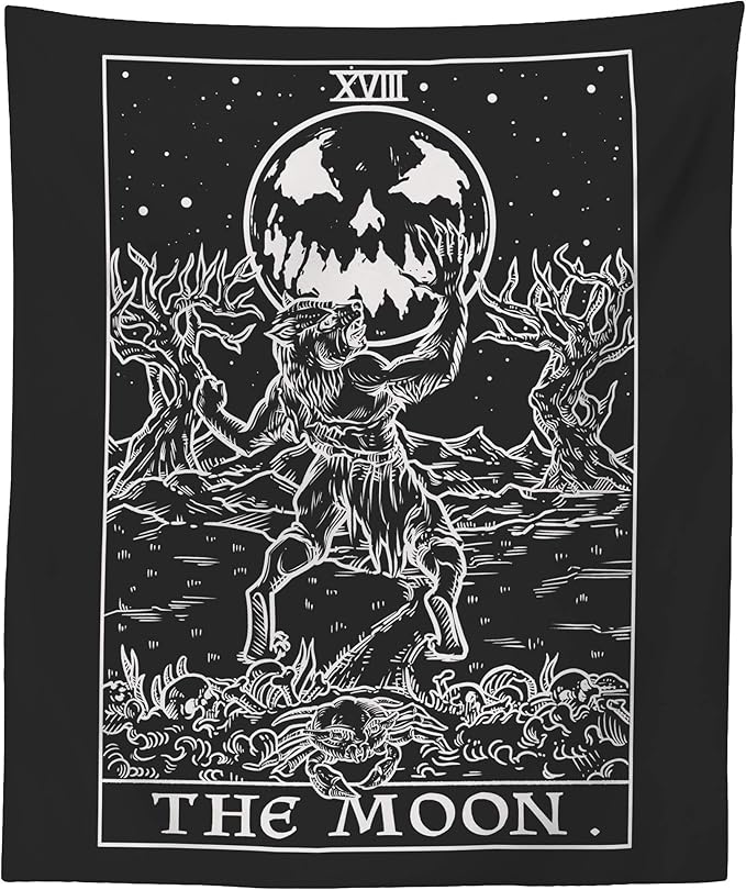 The Moon Tarot Card Tapestry (Black & White) - Werewolf - Gothic Halloween Home Decor Wall Hanging (60" x 50")
