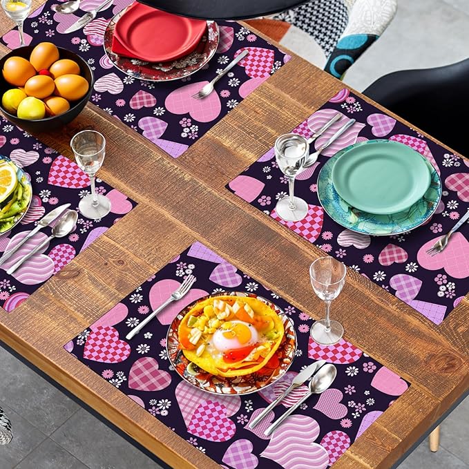 Pink Love Hearts Valentine's Day Placemats Set of 4 Seasonal Valentines Anniversary Wedding Linen Table Mats Pink Black Washable Place Mats for Party Kitchen Dining Outdoor Indoor Decor 12x18 Inch