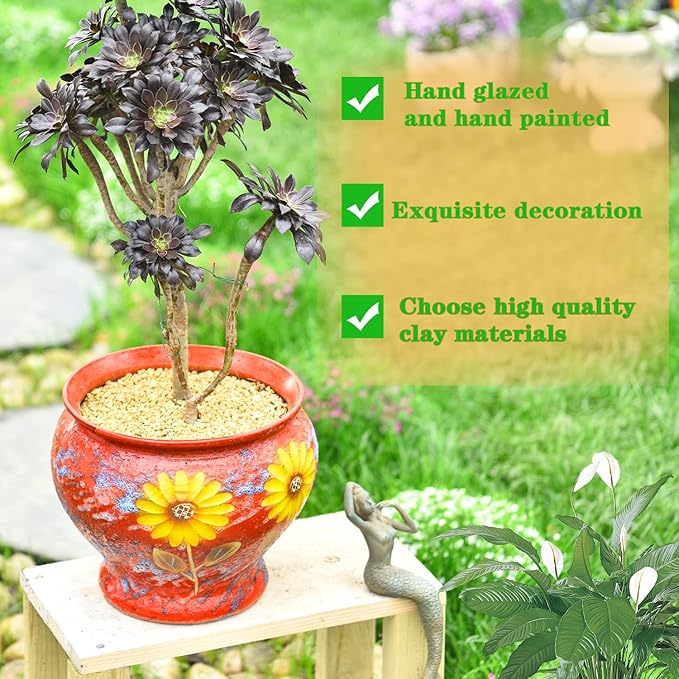 Sungmor Ceramic Hand Painted Succulent Flower Pots, 9 Inch Large Pottery Pots for Indoor Outdoor Plants, Decorative Ceramic Vase for Flower Arrangement Home Decor, Vintage Centerpieces Flowerpot