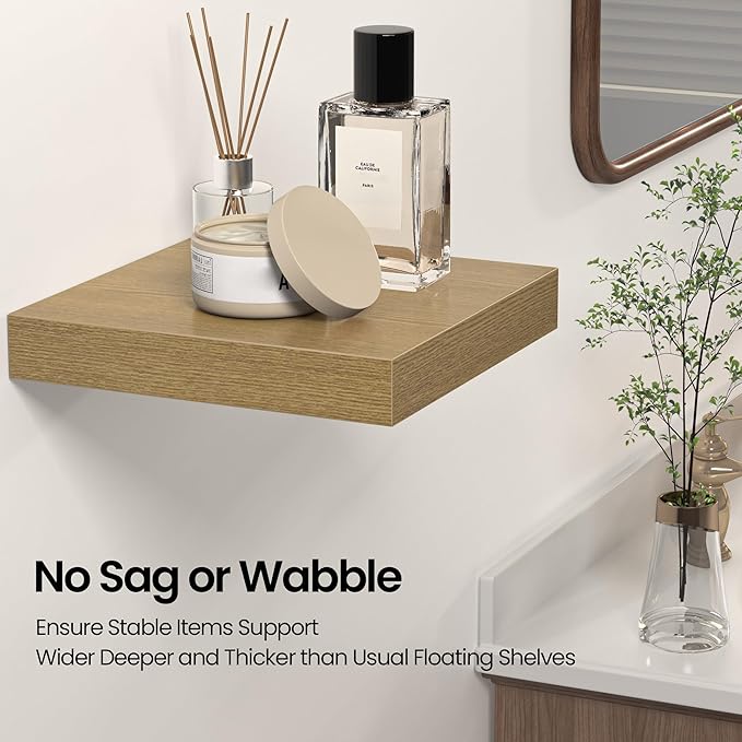 Square Floating Shelves for Wall, 10" W x 10" D x 1.2" H, Small Wooden Wall Mounted Display Shelves with Invisible Brackets for Living Room, Bedroom, Bathroom, Kitchen Decor, Set of 4, Oak