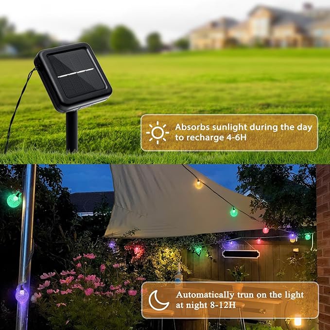 Outdoor Solar String Lights, 2x46FT 66LED 8Modes Crystal Color Solar Powered Christmas Fairy String Lights for Outside Yard Fence Easter Holiday Party Camping Porch Decor 2Pack(Multicolor)