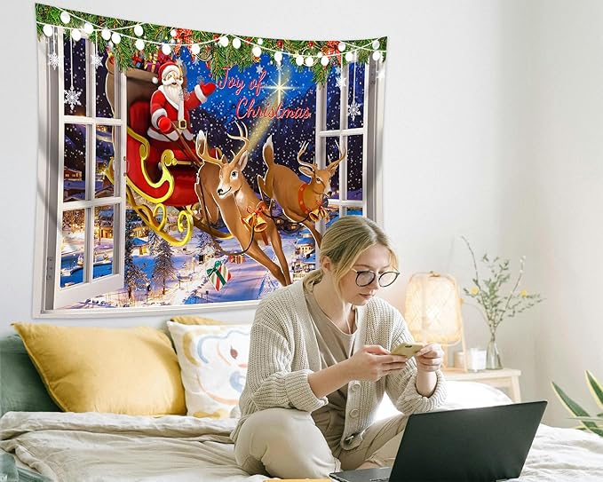 QGHOT Christmas Window Tapestry Wall Hanging Christmas Backdrop Xmas Winter Window Wall Decor Santa Claus Tapestries for Bedroom Living Room Dorm Holiday Party Decoration