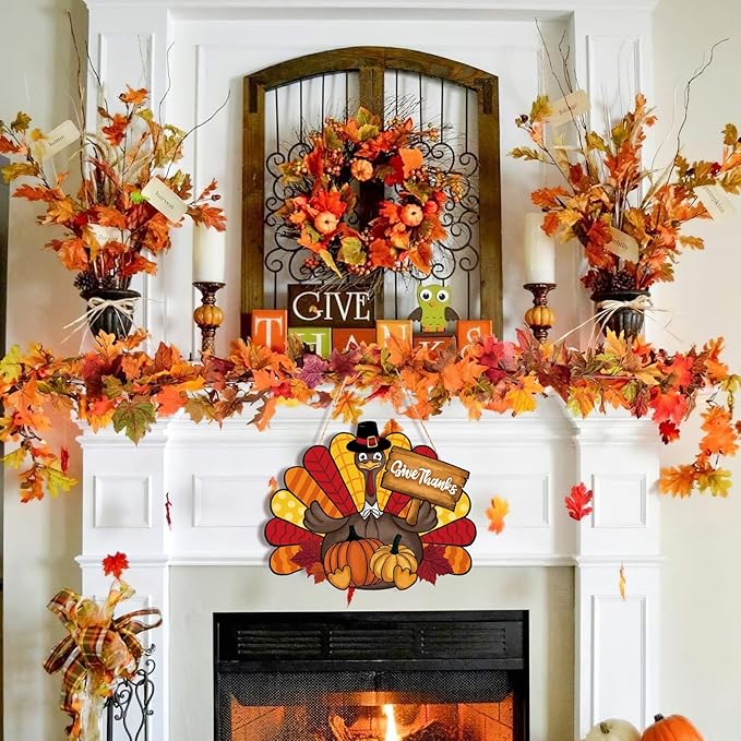 Thanksgiving Decoration Wooden Turkey Pumpkin Door Wreath for Front Door Sign Wall Signs, Thankful Blessed Grateful Pumpkin Sign Hanging for Fall Autumn Harvest Home Halloween Decoration