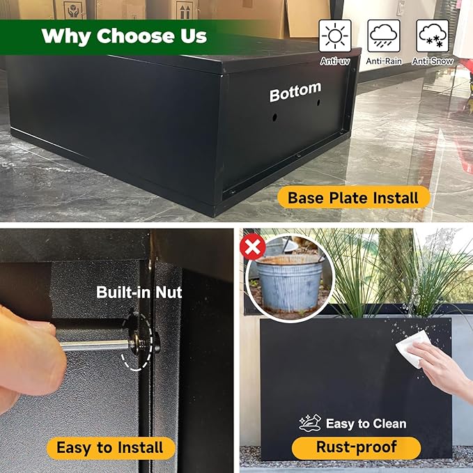 Black Steel Metallic Heavy Planter for Outdoor Plants 24"x10"x24" Metal Garden Planter Spliced Flower Pot with Partitions for Outside,Indoor,Garden (Black, 24 * 10 * 24)