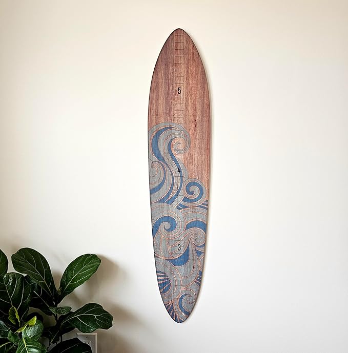 Wooden Surfboard Wall Decor Growth Chart - Surf Board Wall Decor for Kids Room, Wooden Growth Chart for Wall, Surfboard Wall Art, Surfboards for Decoration - Blue Wave (9.5"x 45")